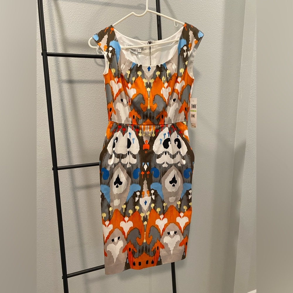 Maggy London Orange and Blue Patterned Midi Dress